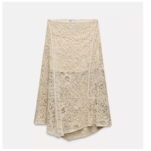 Zara Skirt Sz Medium Straw Ivory Crochet Asymmetrical Midi Bohemian Chic